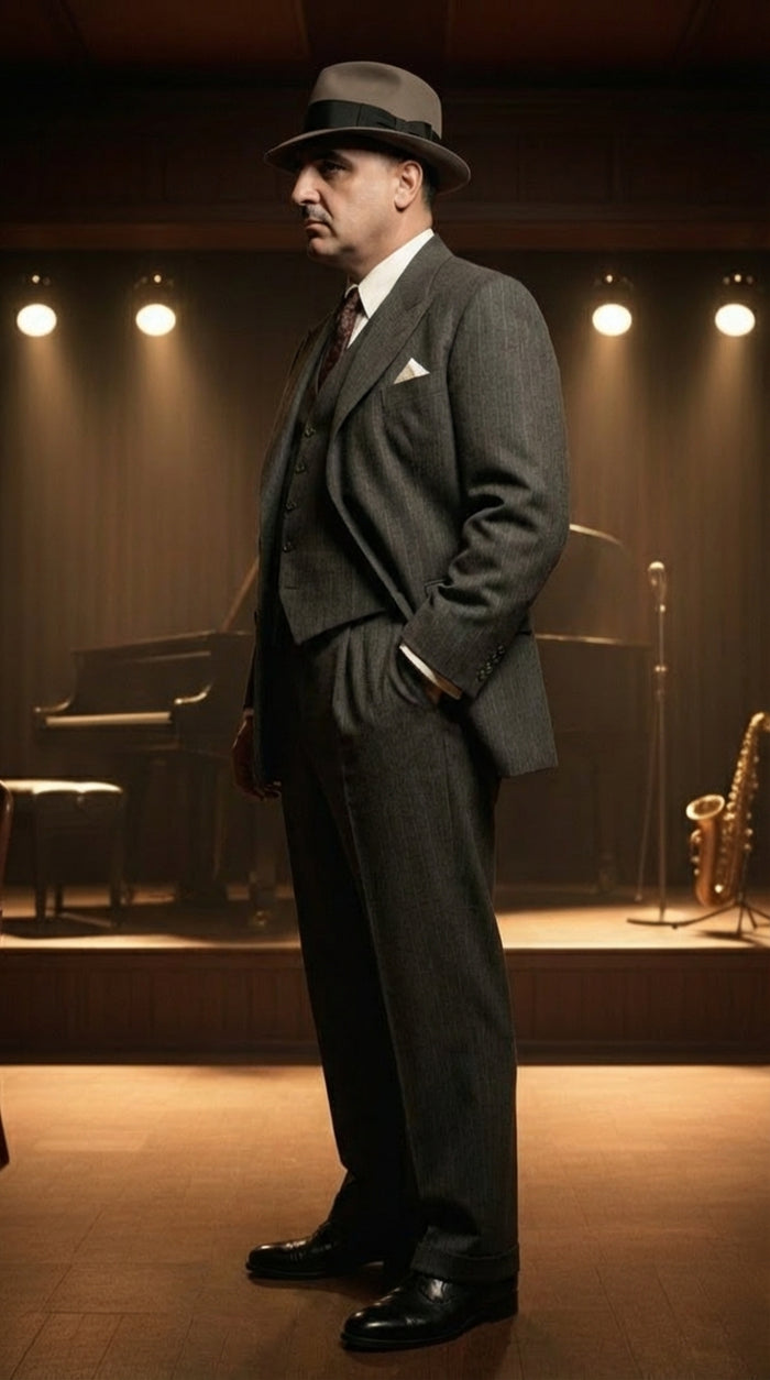 Al Capone Mens Charcoal Gray Stripe 3-Piece Gangster Style Suit 1920s Jazz Club Inspired Formal Suit Outfit