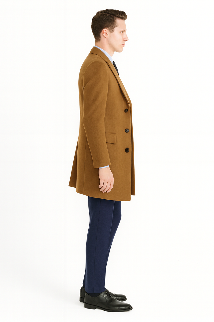 Mens Camel Brown Wool Overcoat â€“ Classic Long Dress Coat for Business and Casual Wear in Vecuna Color