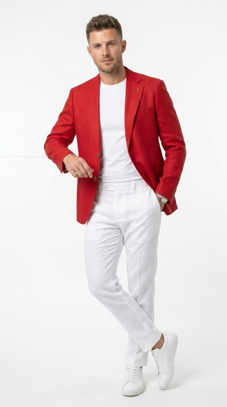 Men’s Red Linen Blazer, Lightweight Business Casual Wedding Sport Coat Jacket - 36 Short