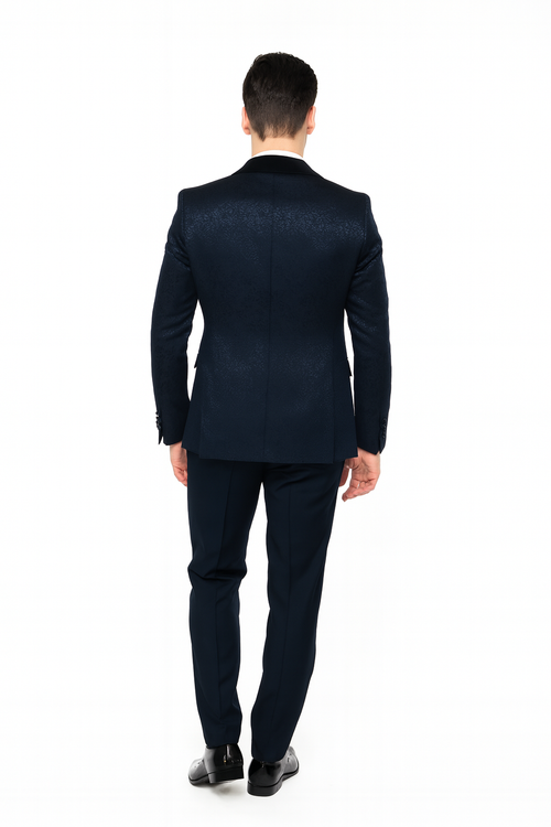 Mens Navy Blue Jacquard Tuxedo with Black Velvet Shawl Lapel, 3 Piece Formal Suit with Bow Tie