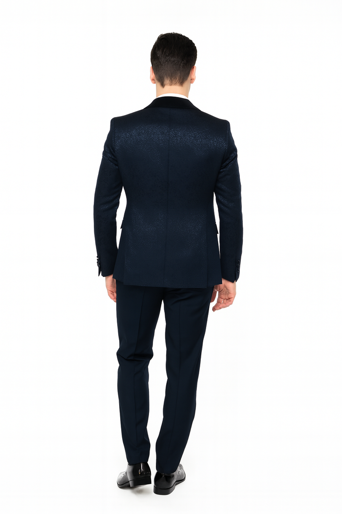 Mens Navy Blue Jacquard Tuxedo with Black Velvet Shawl Lapel, 3 Piece Formal Suit with Bow Tie