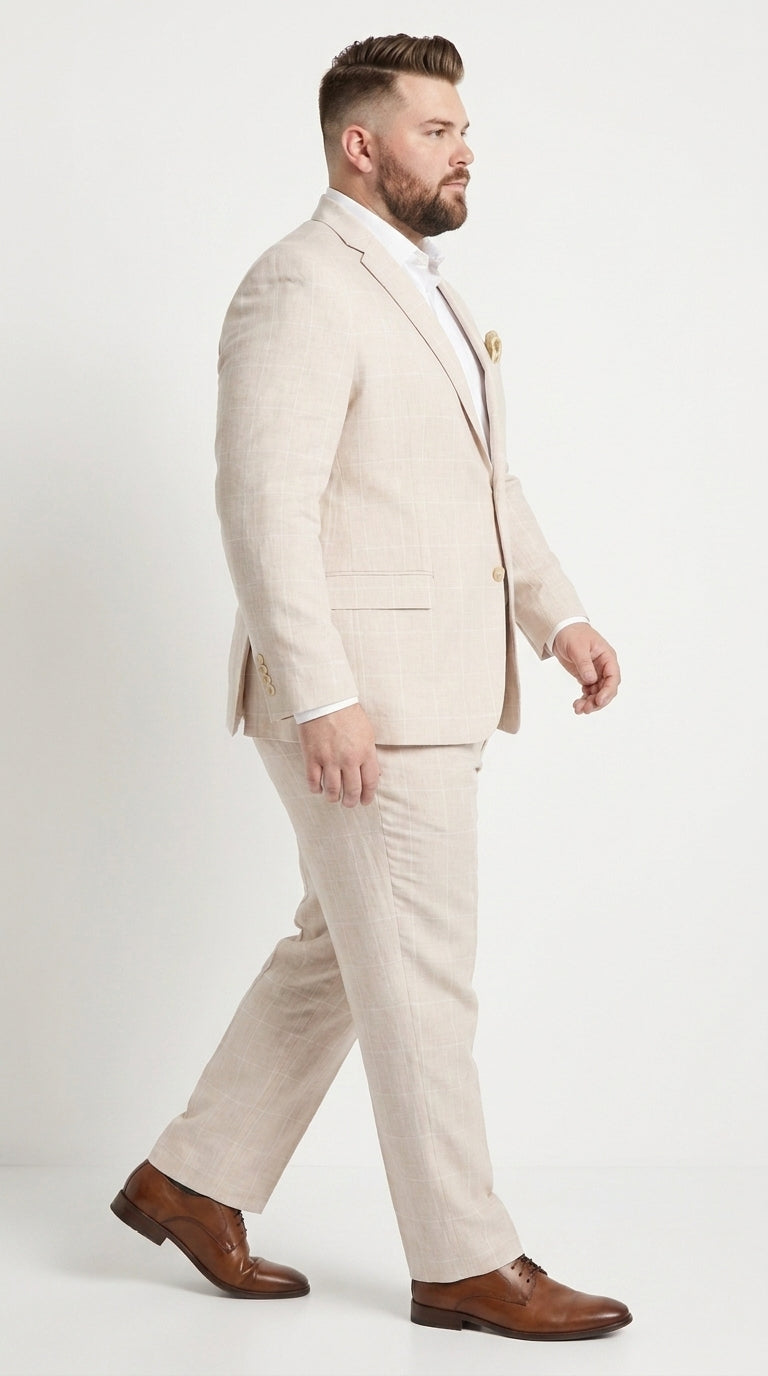 Men’s Big and Tall Beige Linen Suit – Summer Wedding and Formal 2-Piece Suit - 34 Short or Extra Small