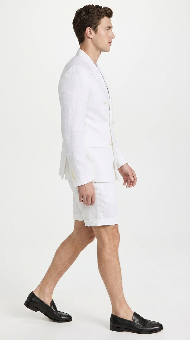 Men’s White Summer Suit with Shorts, 2 Piece Linen Style Wedding Beach Short Suit Set double breasted style - 34 Short or Extra Small