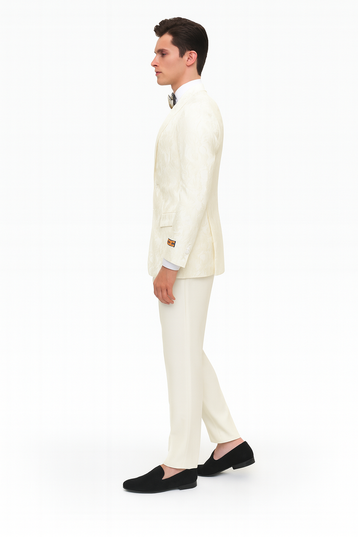 Mens Ivory Floral Embroidered Tuxedo Jacket Elegant Wedding and Party Blazer in Cream Color With Ivory Pants