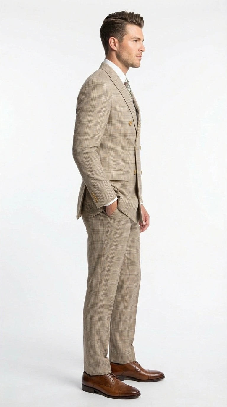 Vinci Men’s Beige Plaid Double Breasted Suit – Classic Checkered Formal Suit Set in Tan Color Windowpane Checkered Pattern - 34 Short or Extra Small