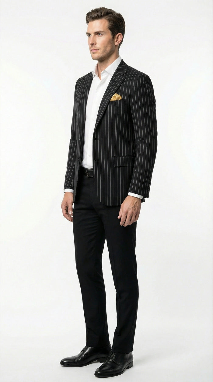 Mens Black Pinstripe Blazer Classic Tailored Formal Jacket for Business, Office and Evening Wear