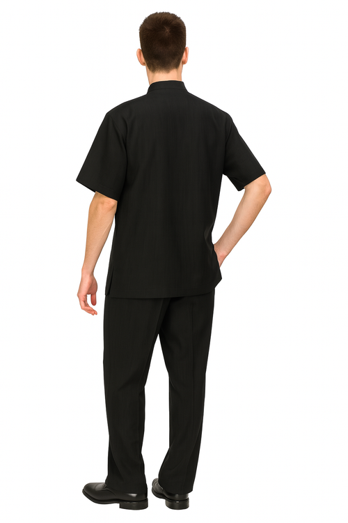 Mens Black Banded Collar Walking Suit Short Sleeve Shirt and Matching Pants Banded Collar Linen Fabric