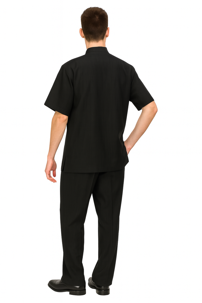 Mens Black Banded Collar Walking Suit Short Sleeve Shirt and Matching Pants Banded Collar Linen Fabric