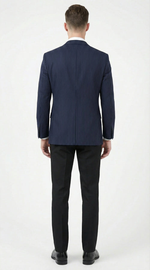 Mens Navy Blue Pinstripe Blazer Classic Tailored Formal Jacket for Business, Office and Professional Wear