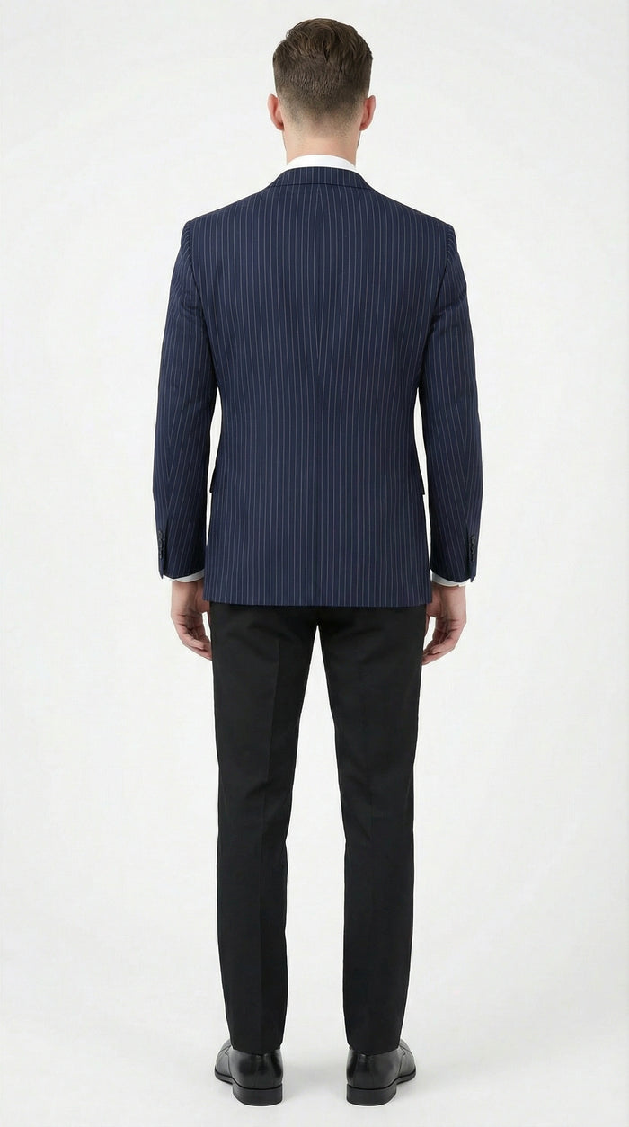 Mens Navy Blue Pinstripe Blazer Classic Tailored Formal Jacket for Business, Office and Professional Wear