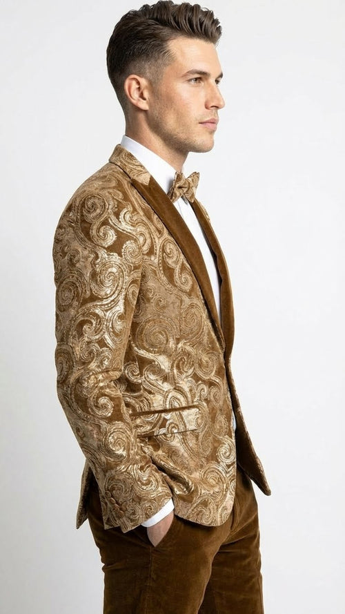 Mens Goldish Light brown Tuxedo dinner Jacket Embroidered Blazer Velvet Jacket for Formal Paisley Pattern Coffee Mocca Color