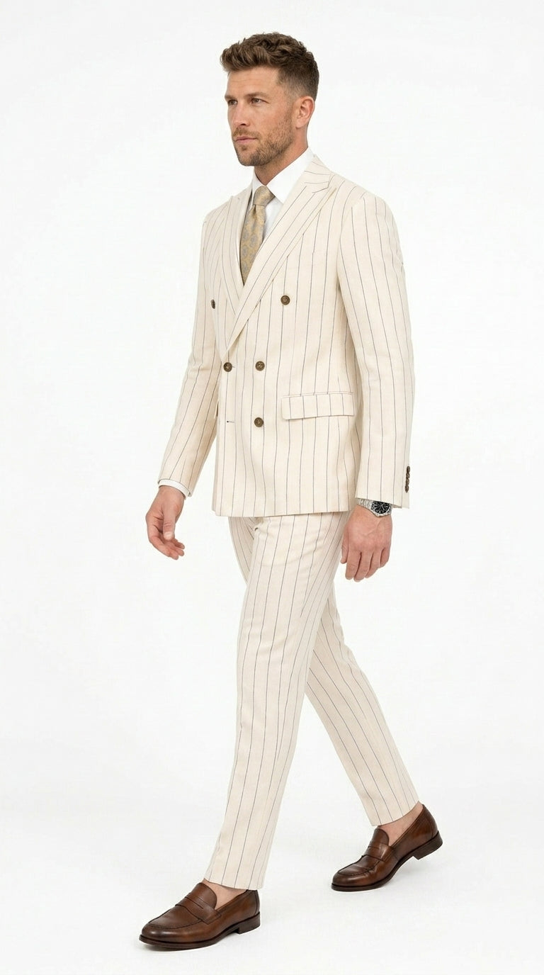 Men’s Cream Off White Pinstripe Linen Pinstripe 2 Piece Double Breasted Suit, Summer Wedding Ivory Color By Vitali - 34 Short or Extra Small