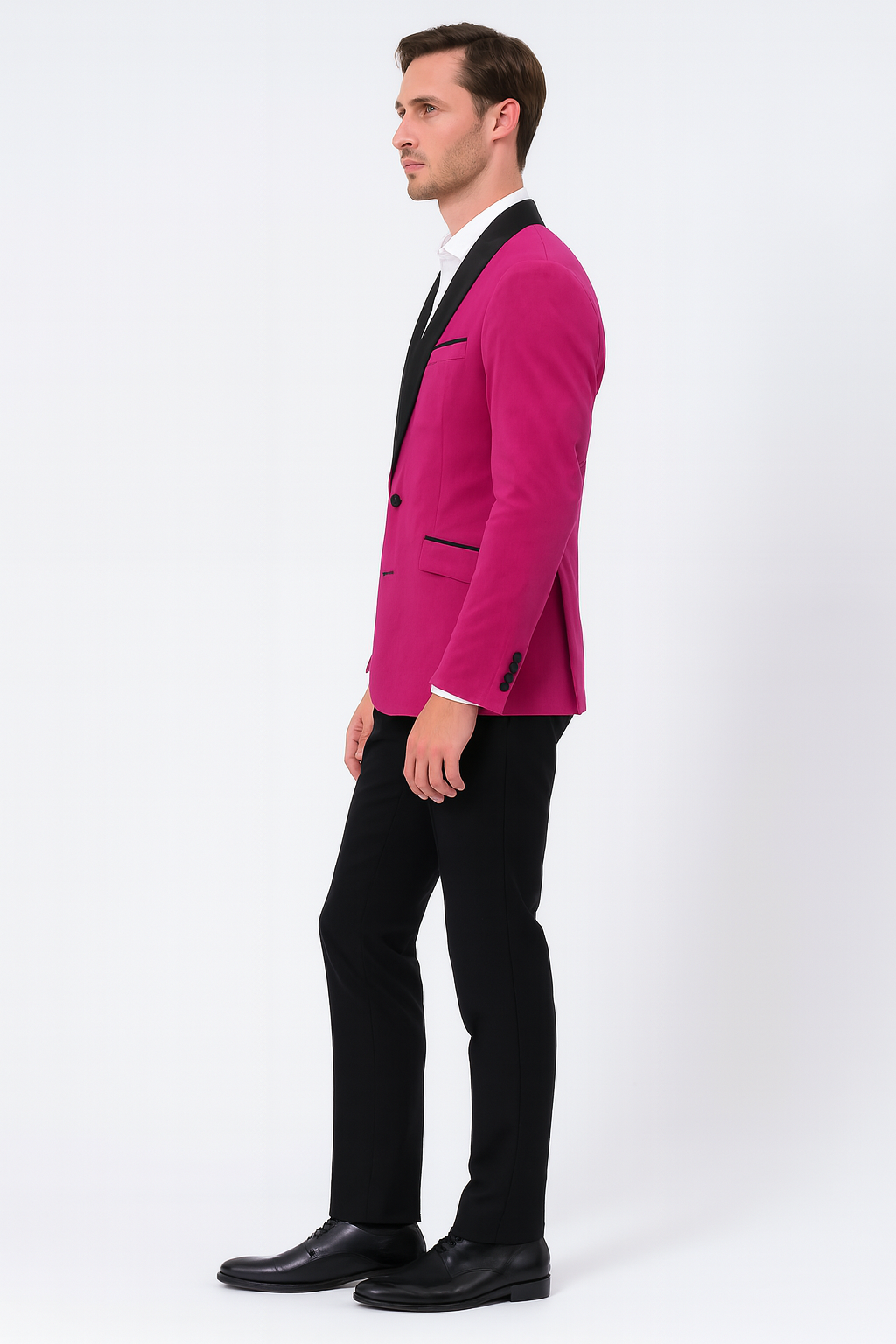 Men’s Fuchsia Tuxedo Blazer with Black Satin Lapel – Stylish Party and Wedding Jacket in Hot Pink Color with Black Pants - S