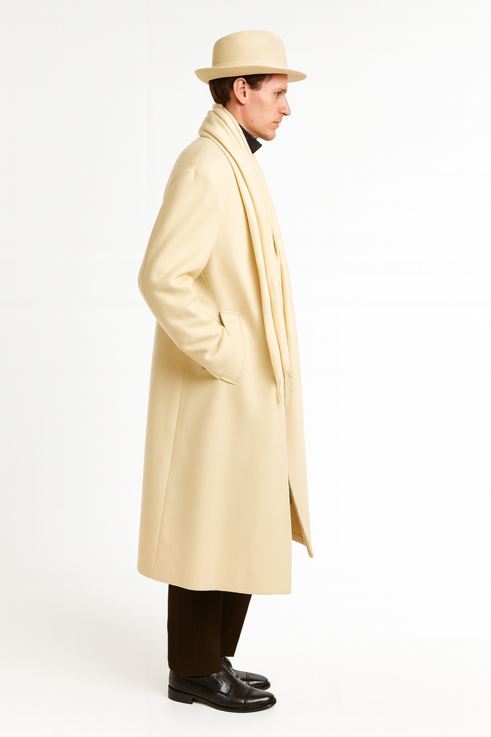 Mens Long Cream Overcoat Wool Fabric in Ivory Off White Color Full length