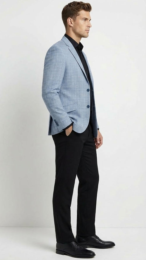 Mens Big and Tall Light Blue Checkered Blazer and Sport Coat Sky powder blue windowpane plaid pattern Jacket