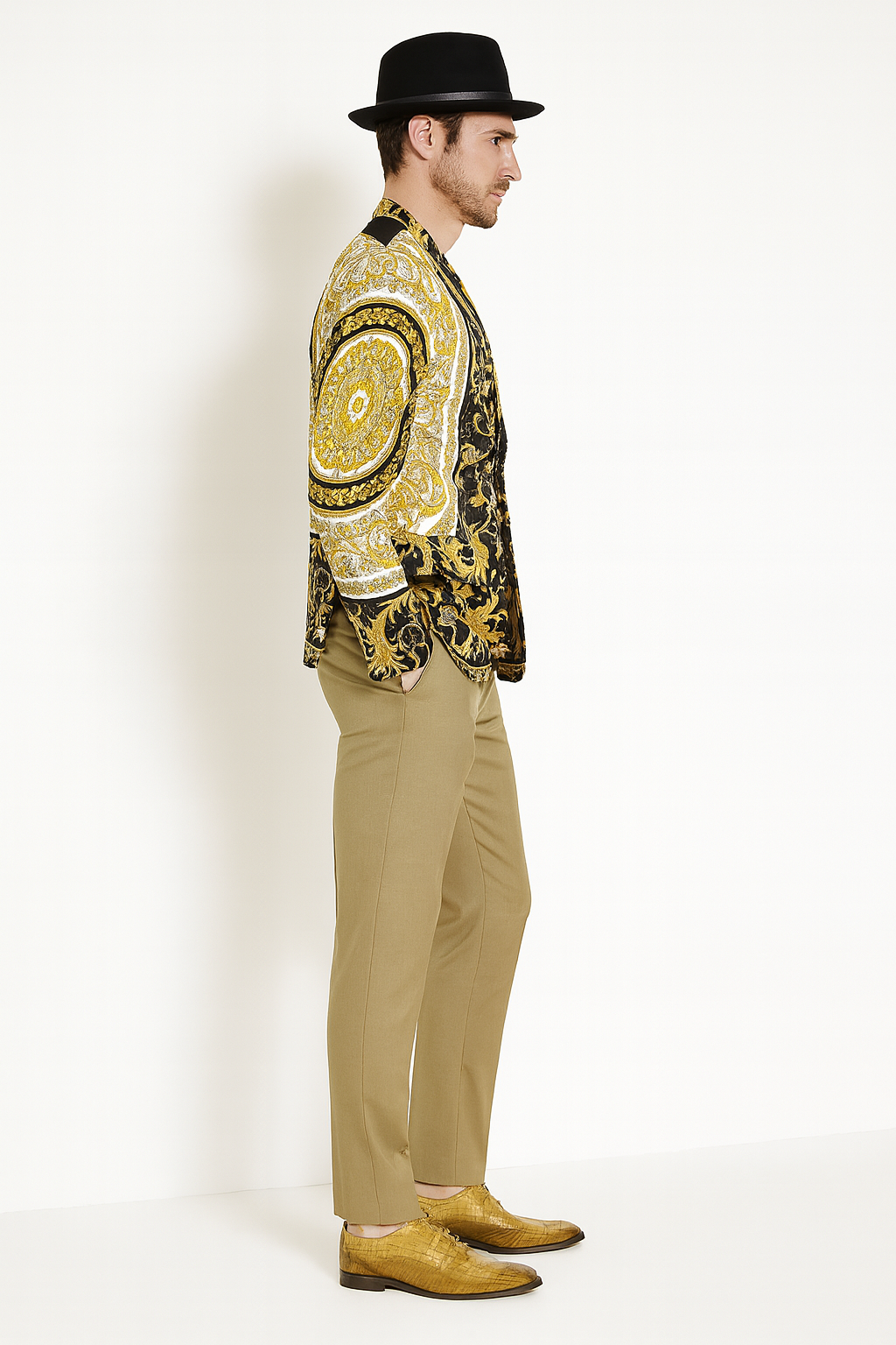 Men’s Black and Gold Baroque Blazer with Matching Pants, Hat, and Shoes – Luxury Party and Wedding Outfit Set - 36 Short