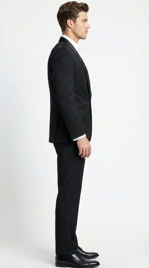 Tiglio Designer Mens Black Single Button Tuxedo Suit Formal Black Business and Wedding Suit Shawl Collar  Super 150's Wool Fabric