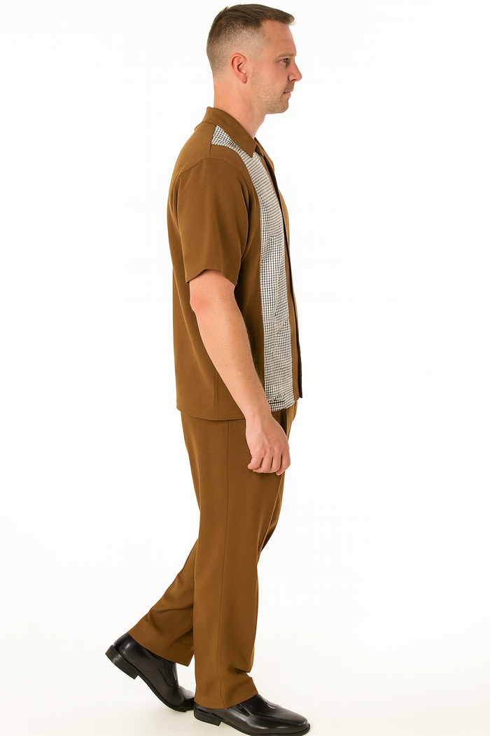 Mens Cognac Tan Two-Piece Outfit â€“ Short Sleeve Button-Up Shirt and Pants Set