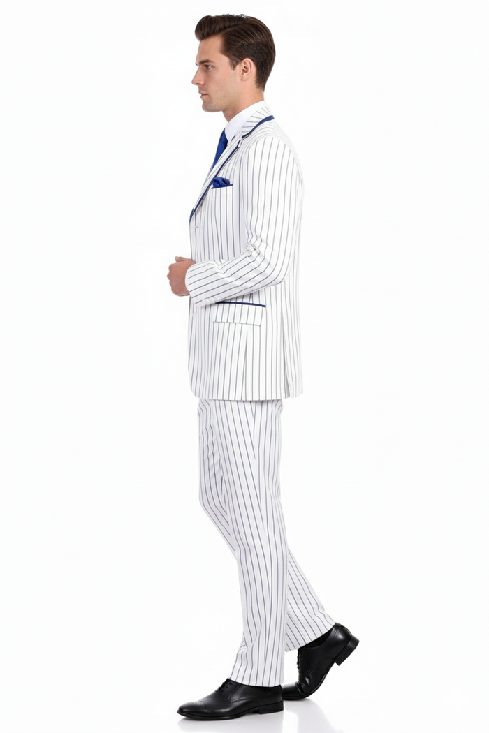 Mens White and Royal Blue Pinstripe 3-Piece Suit Classic Fit Blazer with Vest, Pants, and Tie
