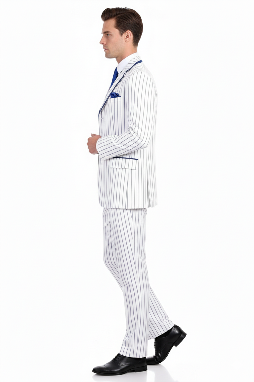 Men’s White and Royal Blue Pinstripe 3-Piece Suit – Classic Fit Blazer with Vest, Pants, and Tie - 34 Short