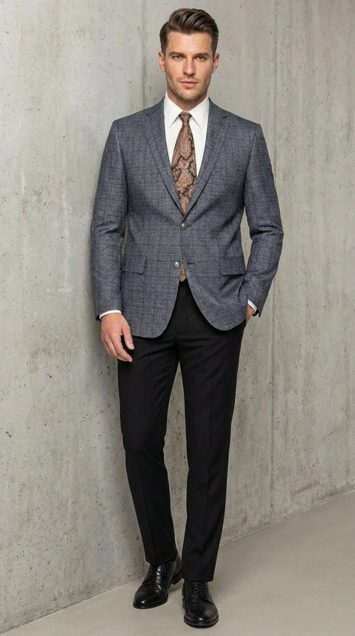Mens Charcoal Gray Windowpane Check Blazer Classic Two Button Formal Sport Coat Jacket