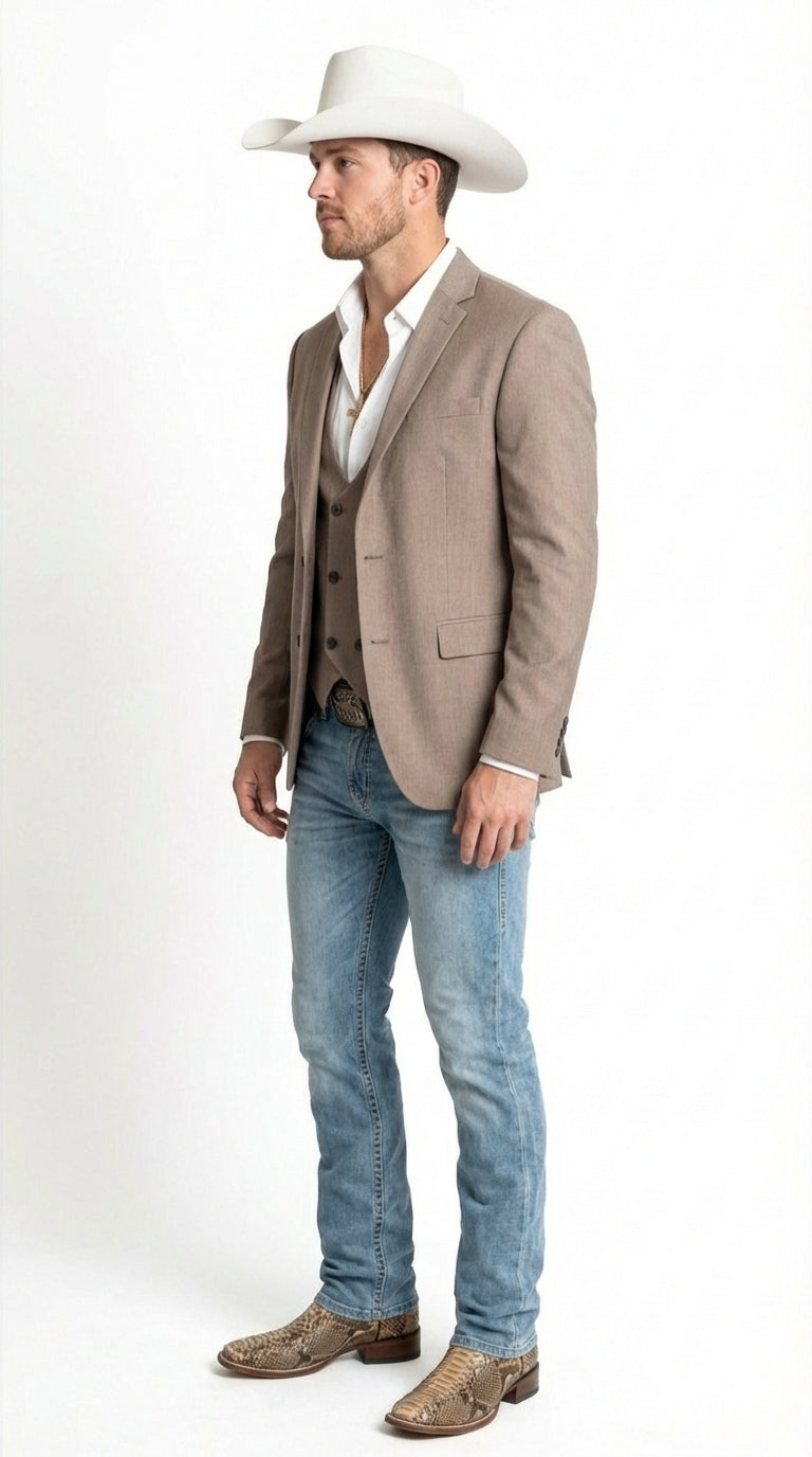 Mens Beige Cowboy Blazer with Double breasted Vest – Western Two Piece Suit Pants included