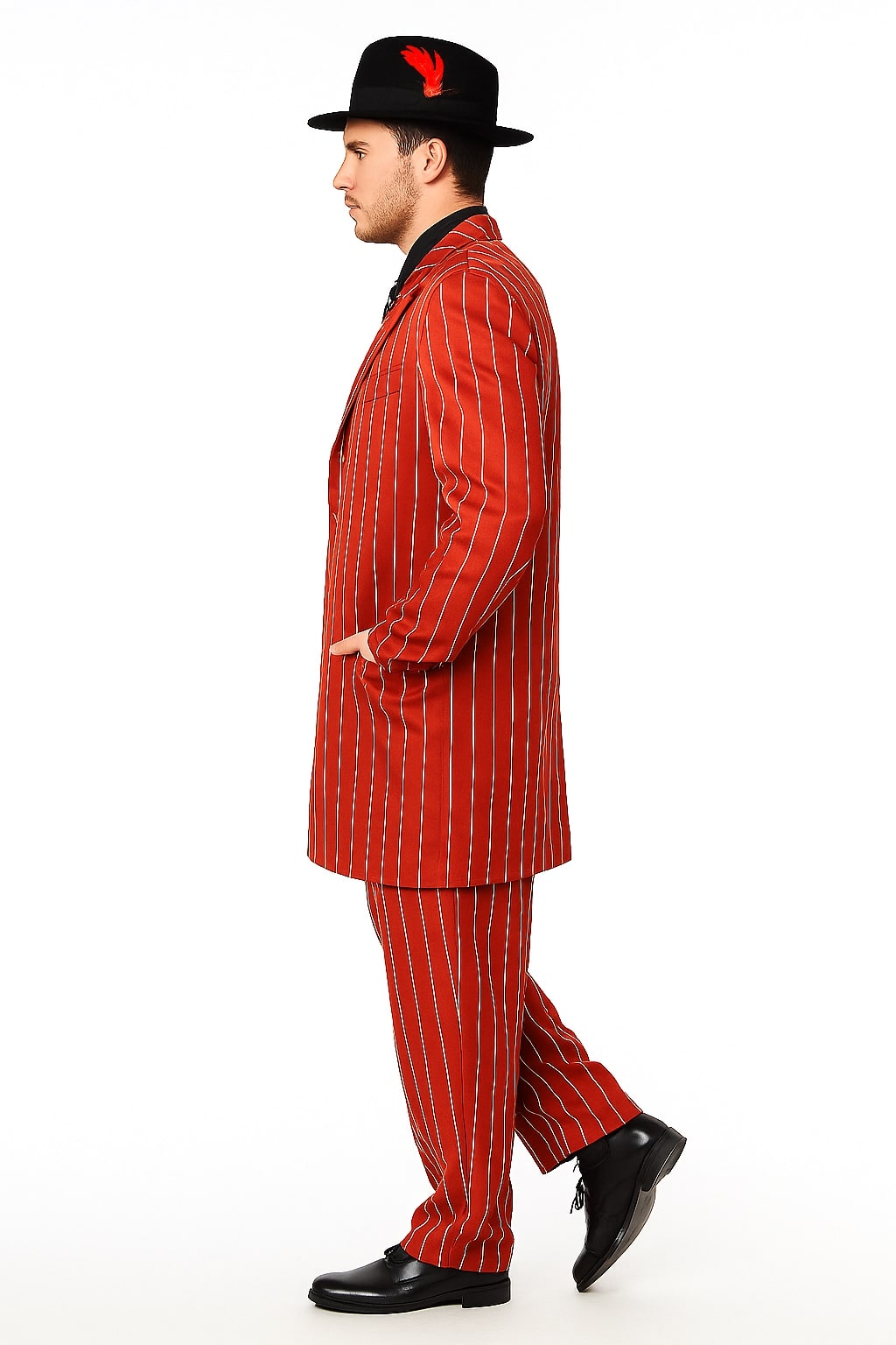 Men’s Red Pinstripe Zoot Suit – 1920s Gangster Pimp Style with Long Jacket & Matching Hat - 34 Short or Extra Small