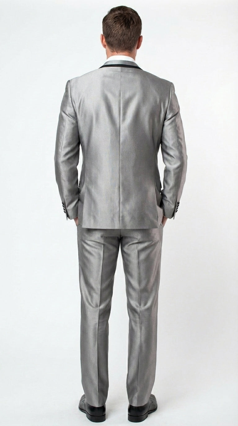 Men’s Silver Sharkskin Tuxedo Suit with Black Piping – Shiny Two Button Formal Suit for Wedding, Prom and Party Wear - 34 Short or Extra Small