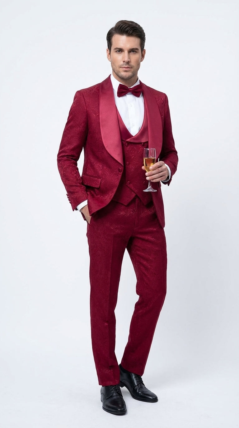 Mens Burgundy Wedding Tuxedo Suit – Paisley Three Piece Formal Suit Set with Shawl Lapel for Groom, Prom - 34 Short or Extra Small