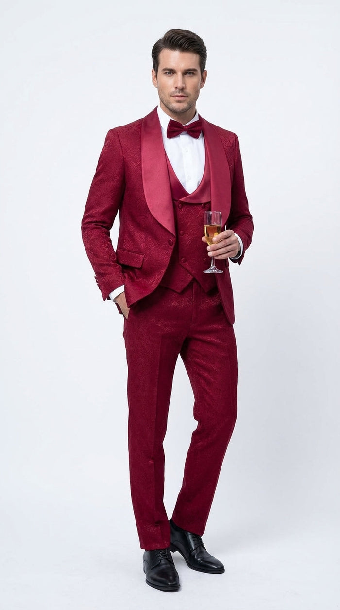 Mens Burgundy Wedding Tuxedo Suit – Paisley Three Piece Formal Suit Set with Shawl Lapel for Groom, Prom