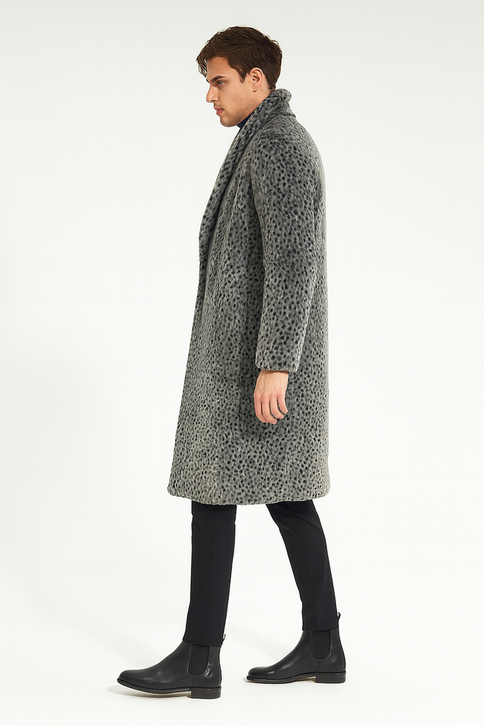 Mens Luxury Long Grey Faux Fur Coat -Winter Overcoat with Animal Print Design