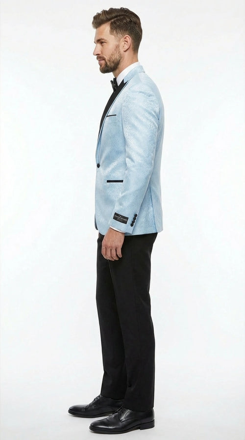 Mens Baby Blue Tuxedo Blazer with Black Lapel Formal Dinner Jacket for Wedding, Prom and Evening Events  in Sky Light Blue Color