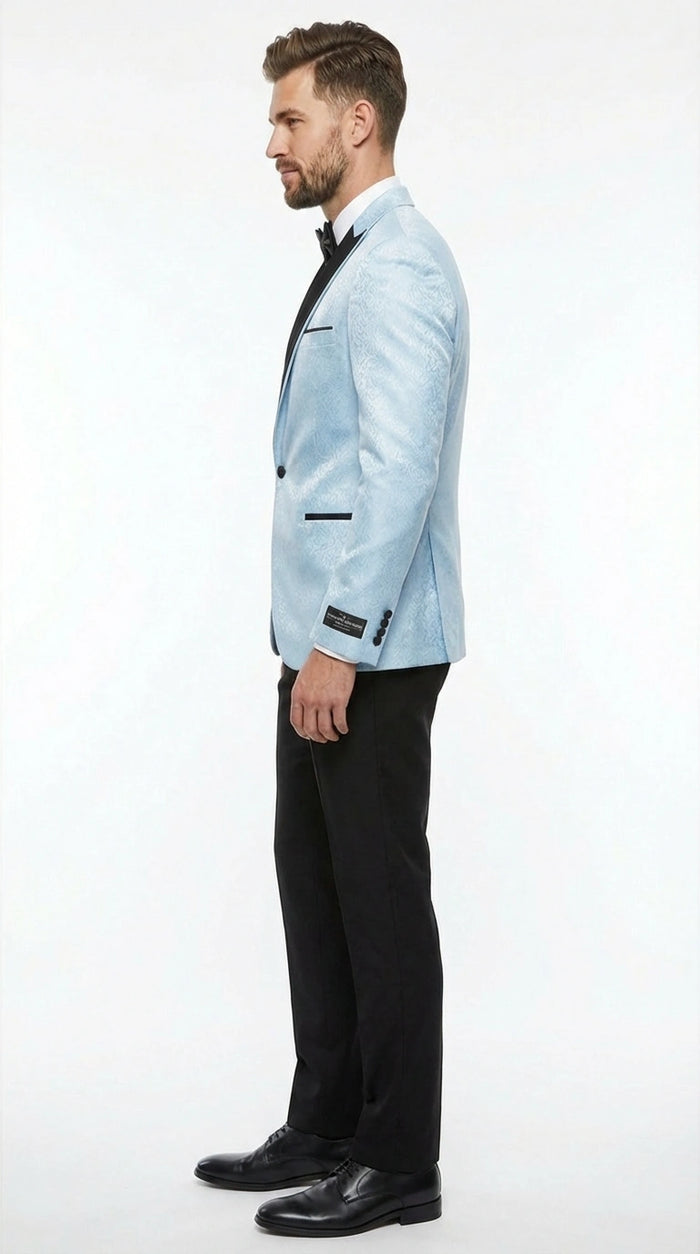 Mens Baby Blue Tuxedo Blazer with Black Lapel Formal Dinner Jacket for Wedding, Prom and Evening Events  in Sky Light Blue Color