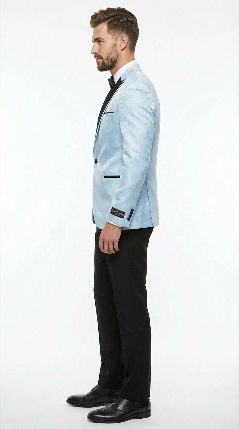 Men’s Baby Blue Tuxedo Blazer with Black Lapel – Formal Dinner Jacket for Wedding, Prom and Evening Events  in Sky Light Blue Color - 34 Short or Extra Small