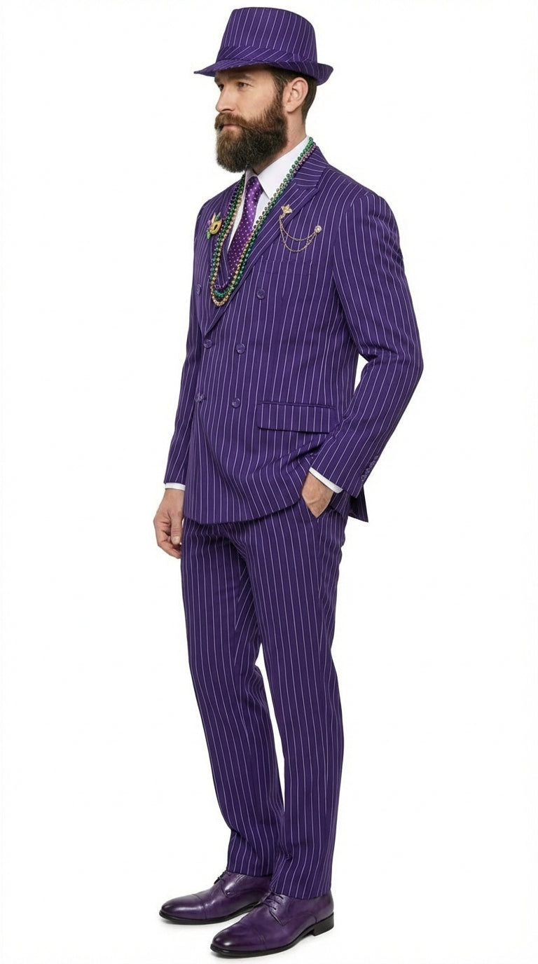 Mens Purple Pinstripe Mardi Gras Suit | Classic Double Breasted Formal Carnival Suit - 34 Short or Extra Small