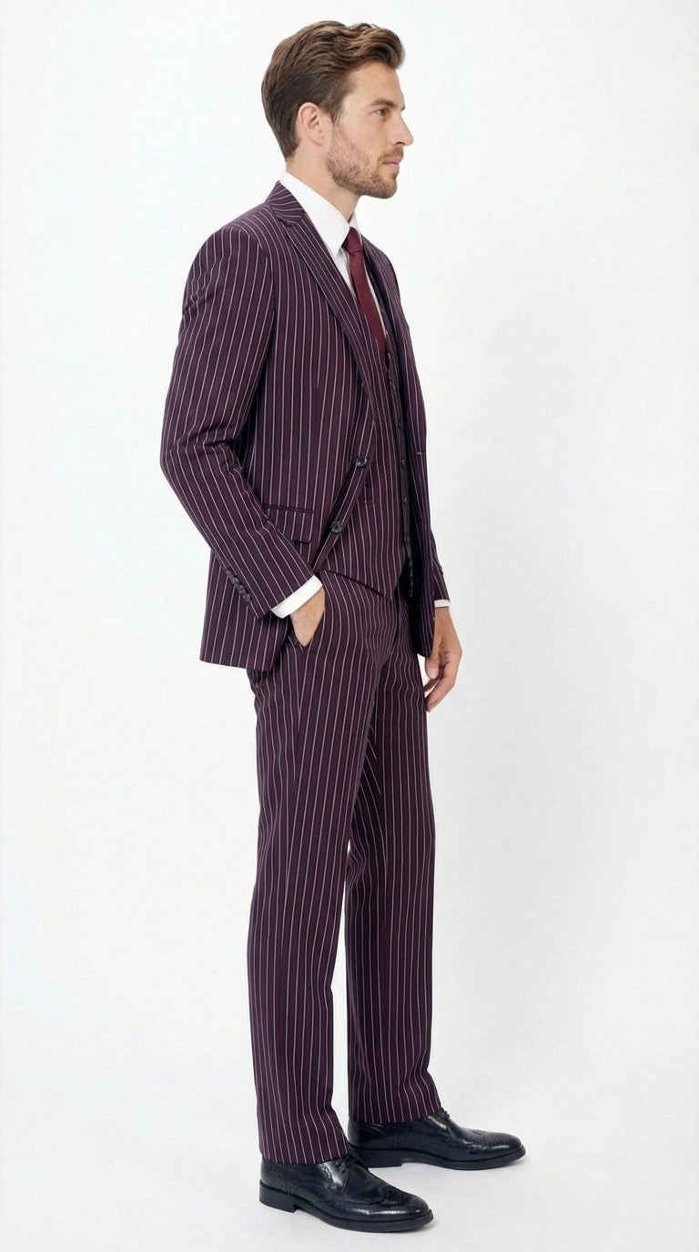 Men’s Plum Eggplant Pinstripe 3 Piece Suit – Burgundy Purple Formal Suit  Gangster 1920s Mafia Pimp Suit - 34 Short or Extra Small