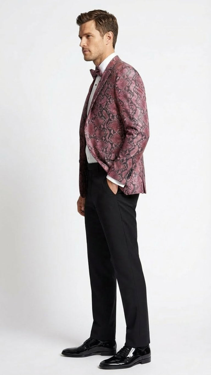 Mens Burgundy and Black Snakeskin Print Blazer Alligator Crocodile Sport Jacket Exotic Skin
