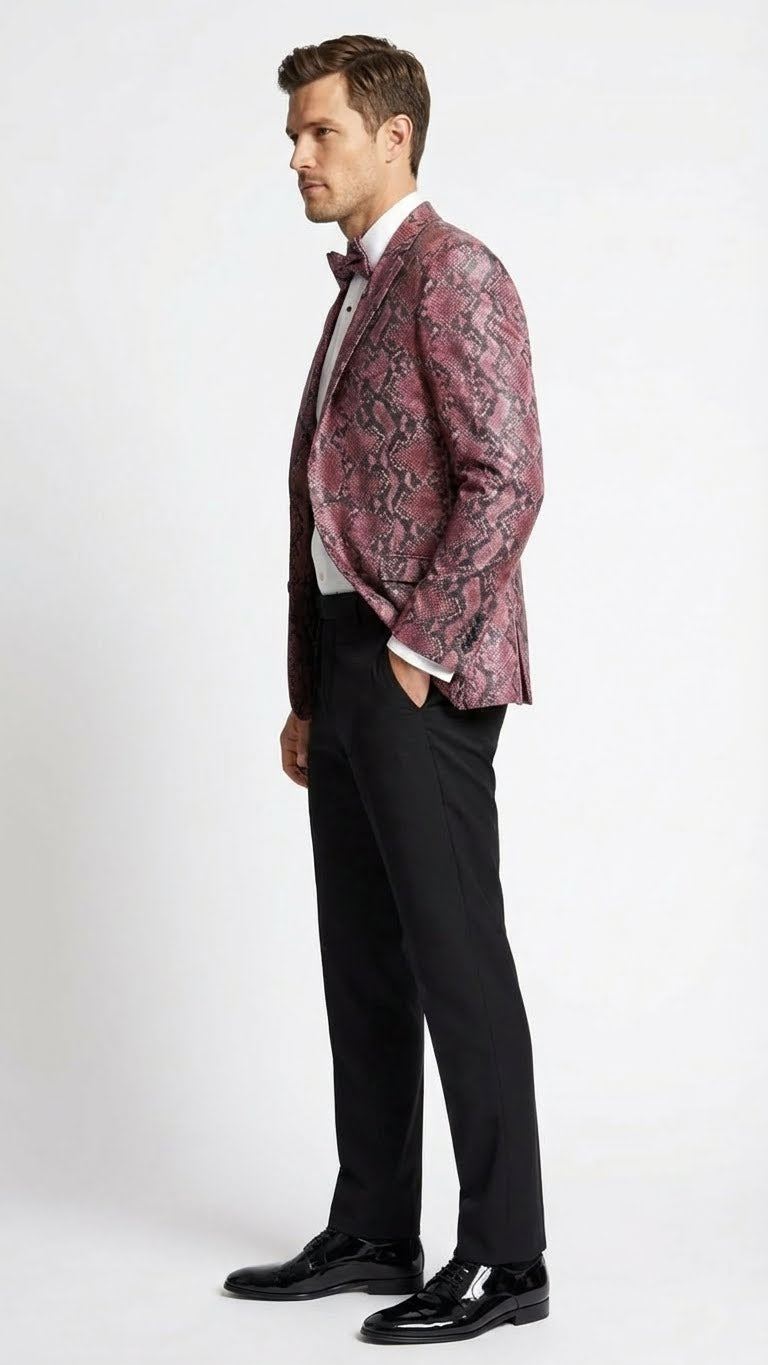 Men’s Burgundy and Black Snakeskin Print Blazer – Alligator Crocodile Sport Jacket Exotic Skin - 36 Short