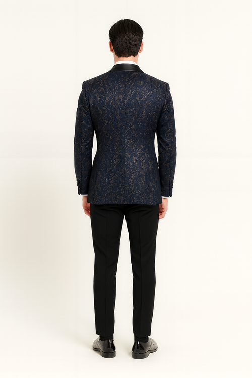 Mens Navy Blue Sequin Tuxedo Jacket with Black Satin Shawl Lapel – Luxury Prom and Wedding Blazer