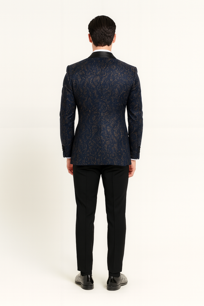 Mens Navy Blue Sequin Tuxedo Jacket with Black Satin Shawl Lapel – Luxury Prom and Wedding Blazer