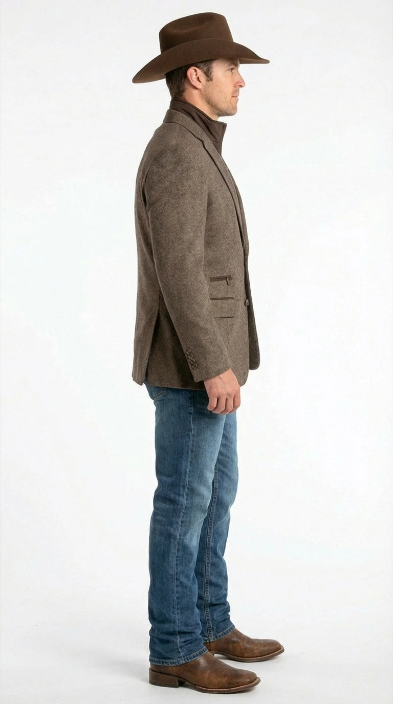 Mens Brown Herringbone Tweed Cowboy Western Blazer Classic Country Sport Coat Jacket for Ranch Wear,  Cowboy Jacket - 36 Short