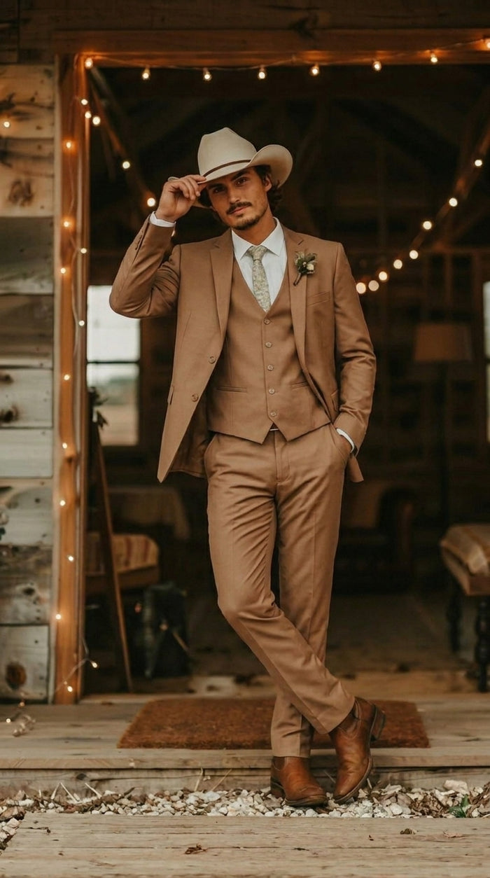 Mens Camel Brown Copper Western 3 Piece Suit – Classic Country Style Blazer Vest Pants Set, Formal Cowboy Suit Outfit