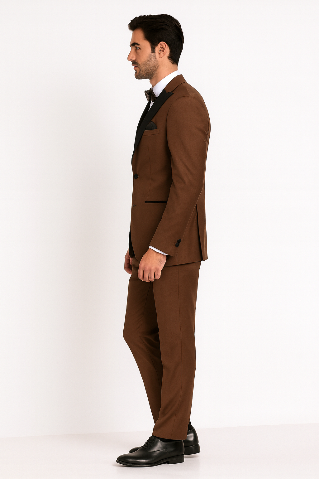 Menâ€™s Light Brown Tuxedo Suit with Black Satin Lapel â€“ 3 Piece Formal Wedding & Prom Outfit - Country Look - 34 Short or Extra Small