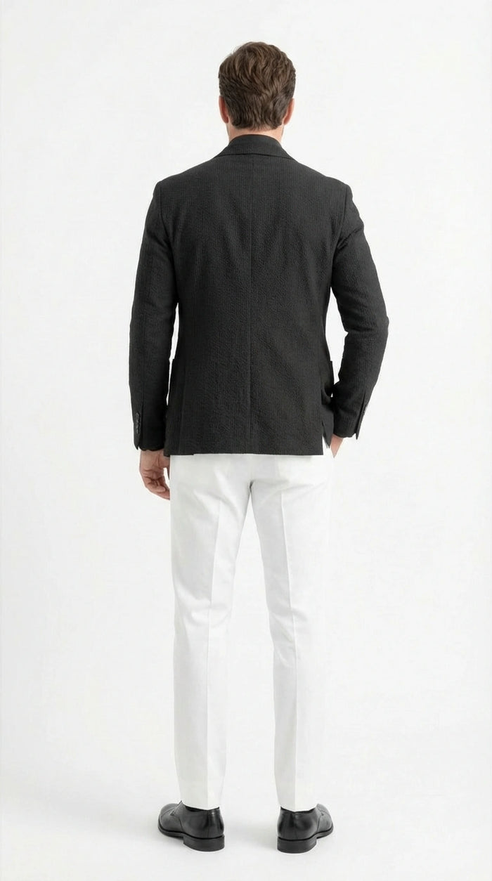 Mens Black Seersucker Blazer - Textured Two-Button Notch Lapel Formal & Summer Sport Jacket in Black Tone-on-Tone Cotton Fabric