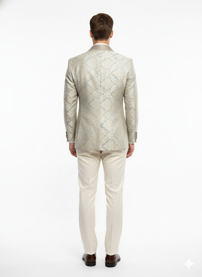 Mens Champaign Silver and Cream Embroidered Luxury Blazer Floral Pattern Wedding & Party Dinner Jacket in Light Tan Color