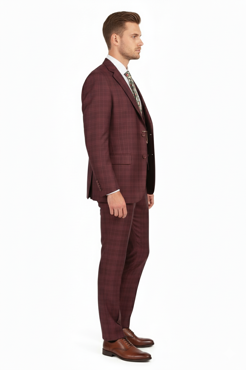 Men’s Burgundy Checkered 3-Piece Suit – Windowpane Classic Fit Plaid Blazer with Vest and Pants - 34 Short or Extra Small