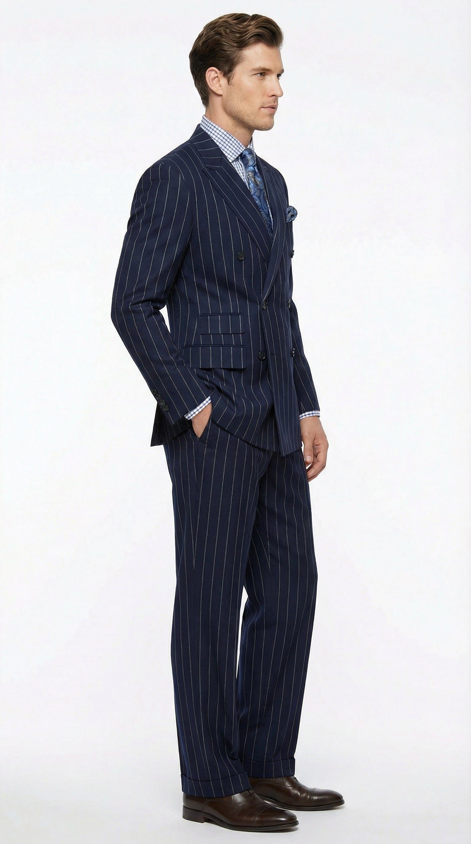 Men's Navy Blue Double Breasted Pinstripe Suit Modern Fit By rossiman - 34 Short or Extra Small