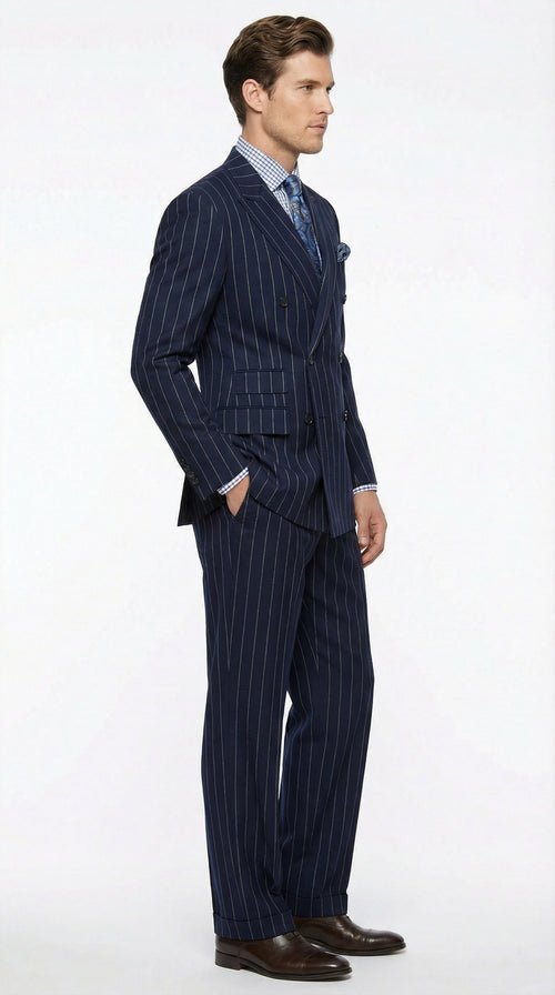 Men's Navy Blue Double Breasted Pinstripe Suit Modern Fit By rossiman