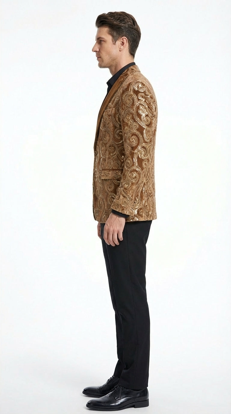 Men's Light Brown & Gold Baroque Embroidered Blazer Jacket | Tuxedo Dinner Jacket - 34 Short or Extra Small