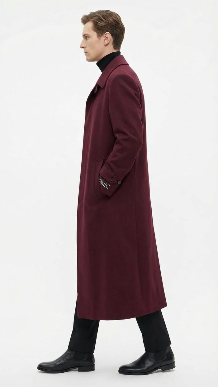 Mens Full-Length Burgundy Overcoat - Microfiber 4 season fabric  Long Formal Coat with Classic Tailored Maxi Duster Coat